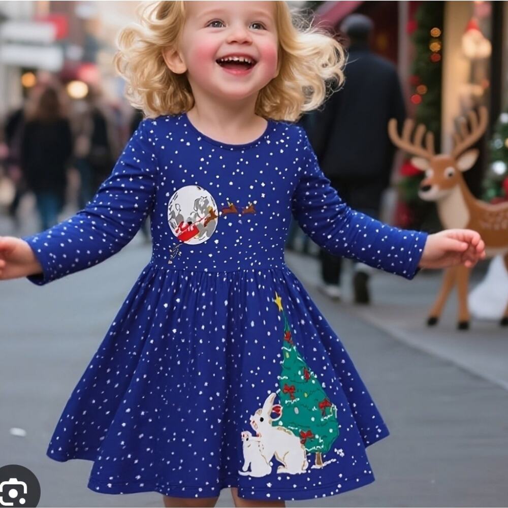 Mini Boden Girls' Blue Holiday Tree & Reindeer Print Dress Sz 5 To 6 NEW